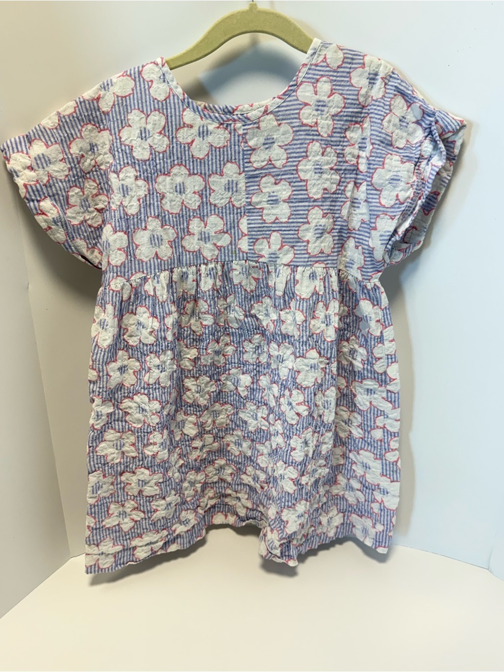 Zara Dress, 6T, Blue, White & Pink Floral Seersucker Top